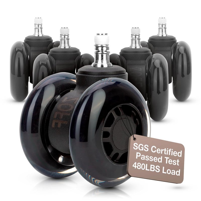 ZOFF Double Rollerblade Office Chair Wheels - 3 inch - Replacement Rubber Chair Casters - Smooth & Quiet Rolling - Easy Installation - Safe for Hardwood Floors & Carpet - Universal Fit - Set of 5 - Image 1
